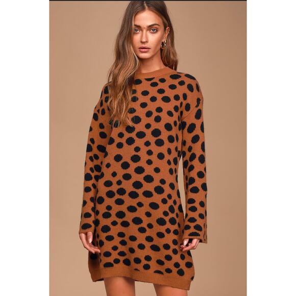 Lulu's Brown Beige Black Polka Dot Bell Sleeve Sweater Dress Size Small Midi - Picture 1 of 8